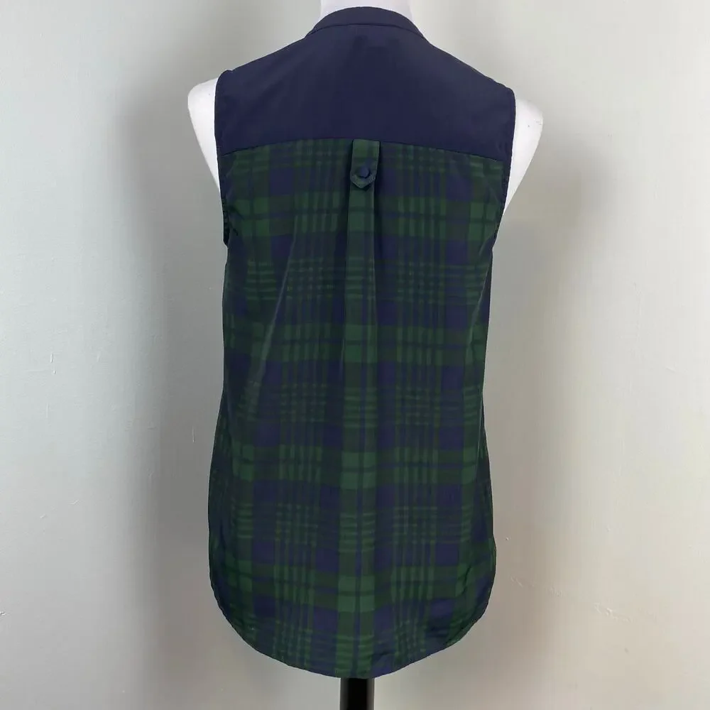 ModCloth Fervour Navy Green Tartan Plaid Sleeveless Blouse Small Holiday